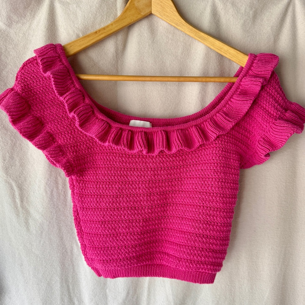 Women’s H&M Hot Pink Knitted Ruffle Crop Top Boat Neck Feminine Barbiecore S